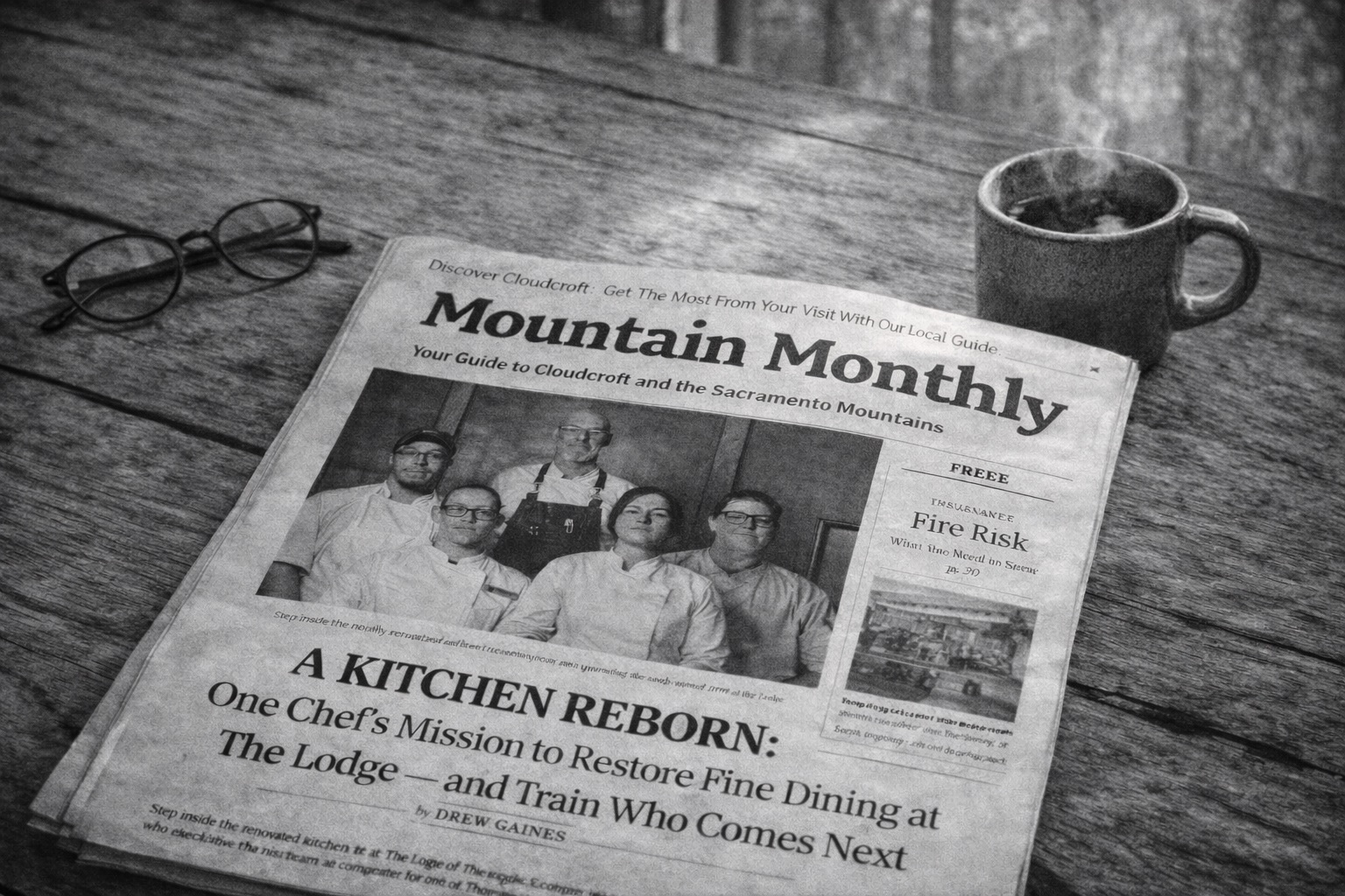 A worn copy of Mountain Monthly on a rustic wood table with a steaming coffee mug — the morning ritual of a Cloudcroft local.