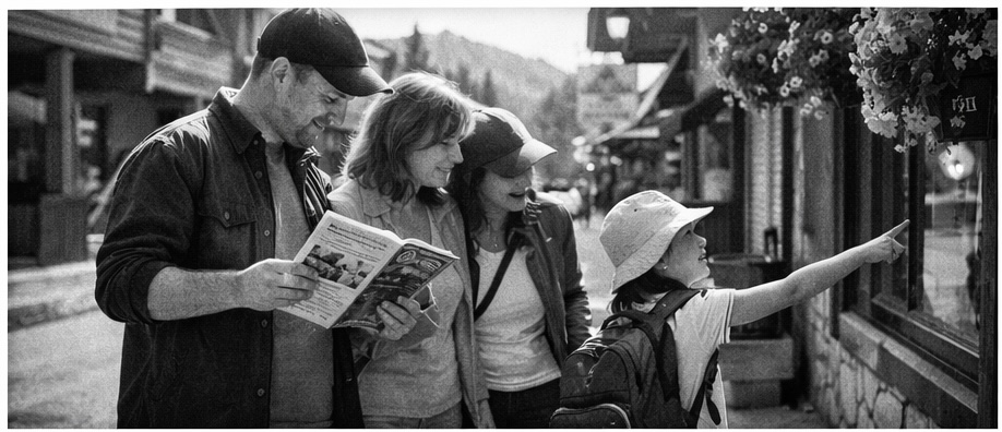 A family on the main street of a small mountain village, browsing a local newspaper while a child points at a shop window.